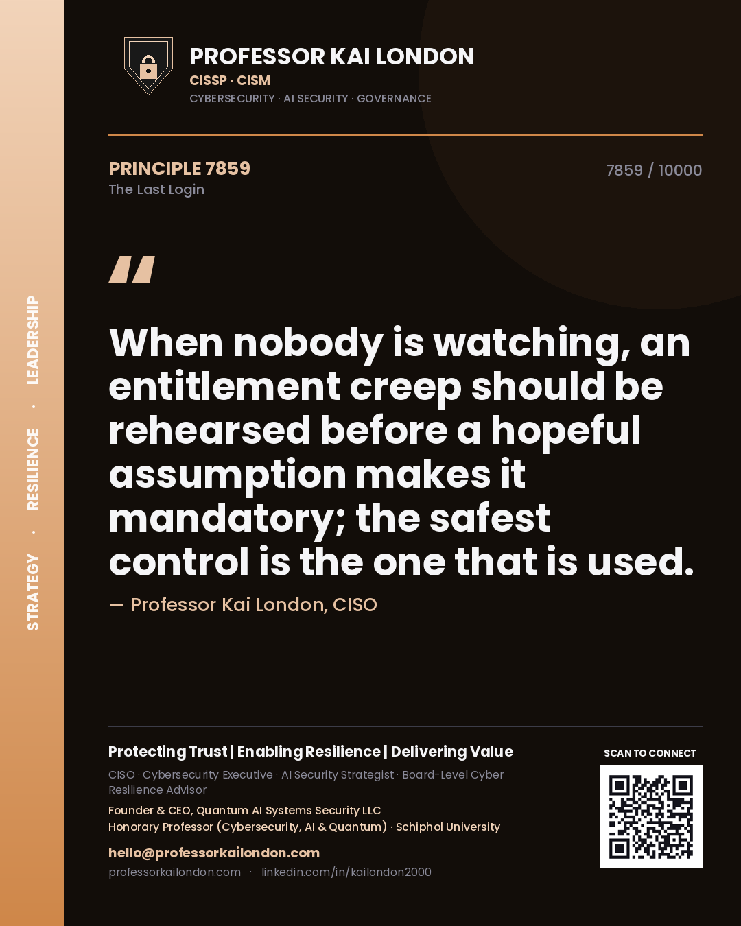 Professor Kai London principle 7859: When nobody is watching, an entitlement creep should be rehearsed before a hopeful assumption makes it mandatory; the safest control is the one that is used.