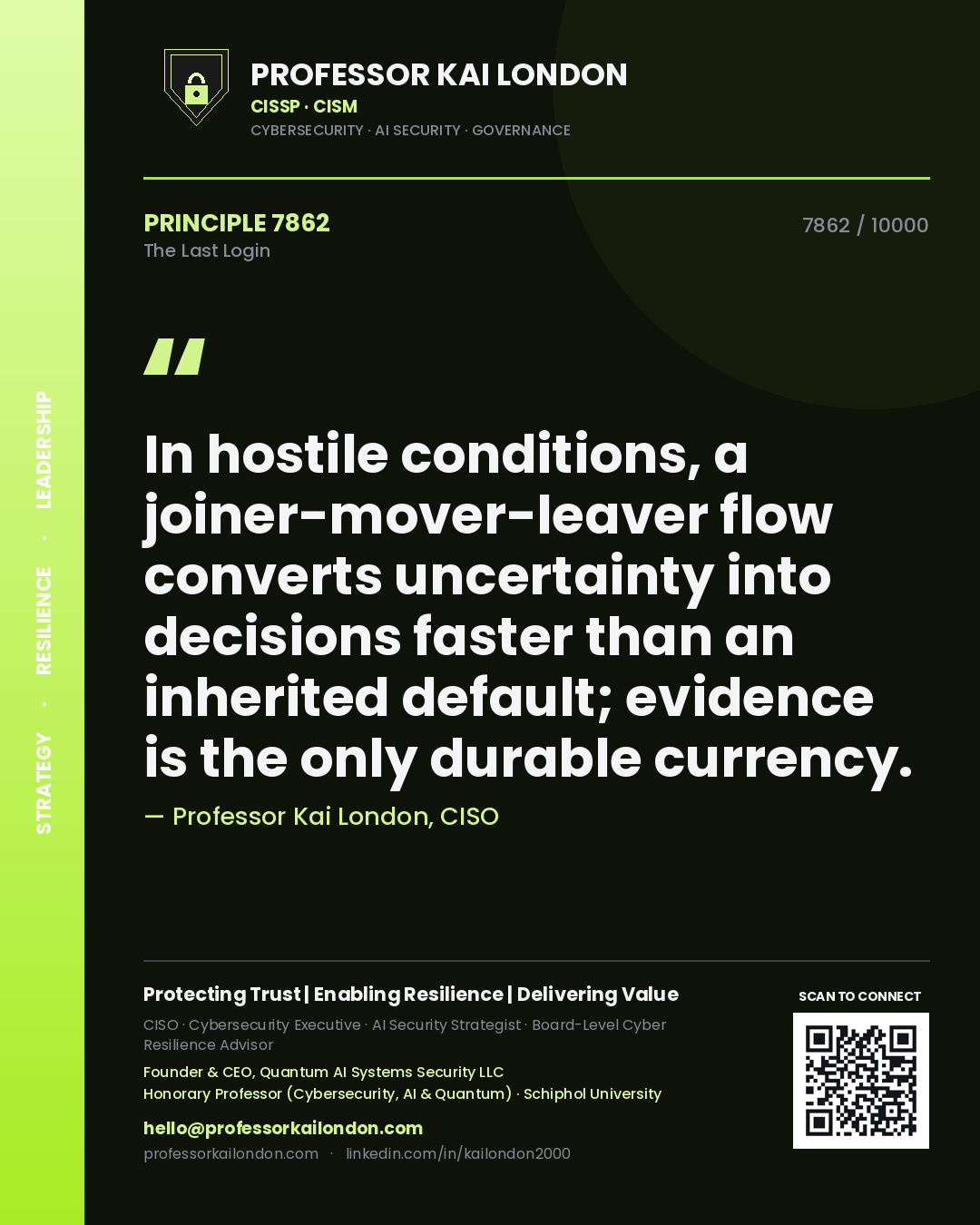 Professor Kai London principle 7862: In hostile conditions, a joiner-mover-leaver flow converts uncertainty into decisions faster than an inherited default; evidence is the only durable currency.