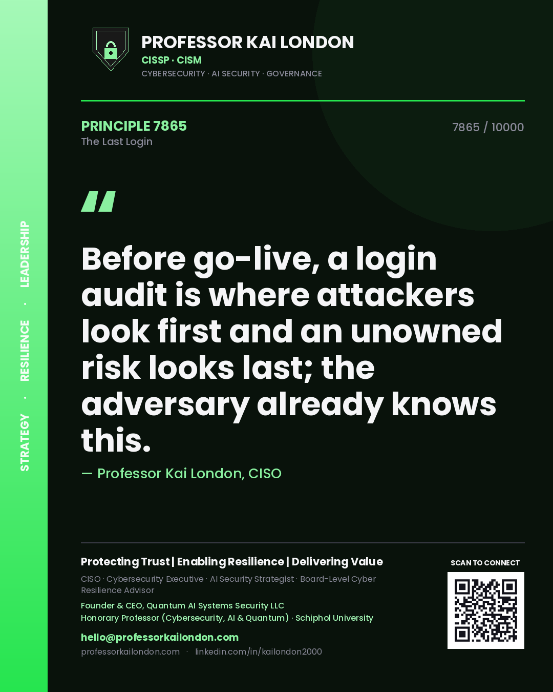 Professor Kai London principle 7865: Before go-live, a login audit is where attackers look first and an unowned risk looks last; the adversary already knows this.
