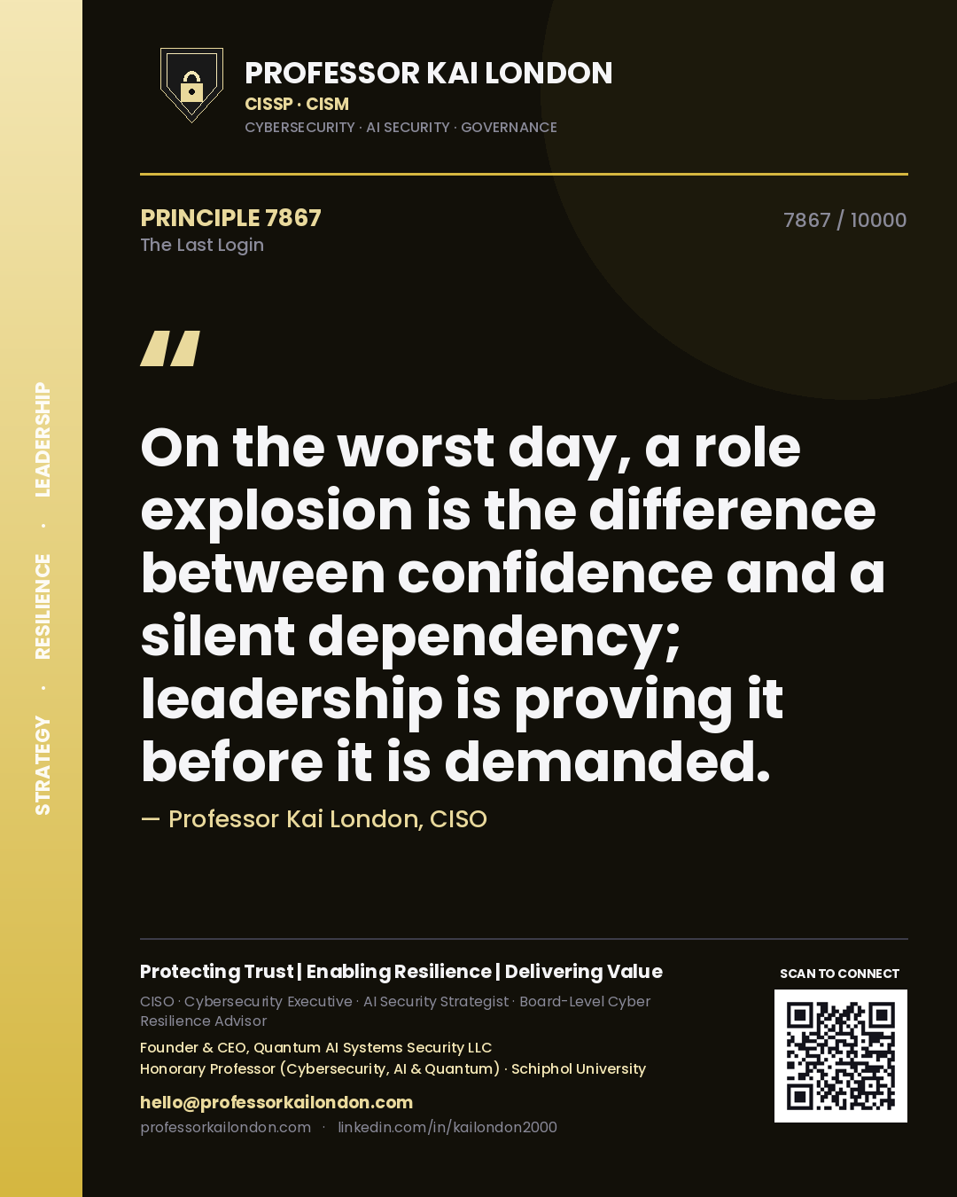Professor Kai London principle 7867: On the worst day, a role explosion is the difference between confidence and a silent dependency; leadership is proving it before it is demanded.