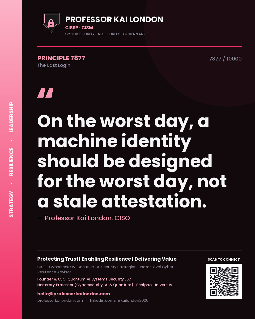 Professor Kai London principle 7877: On the worst day, a machine identity should be designed for the worst day, not a stale attestation.