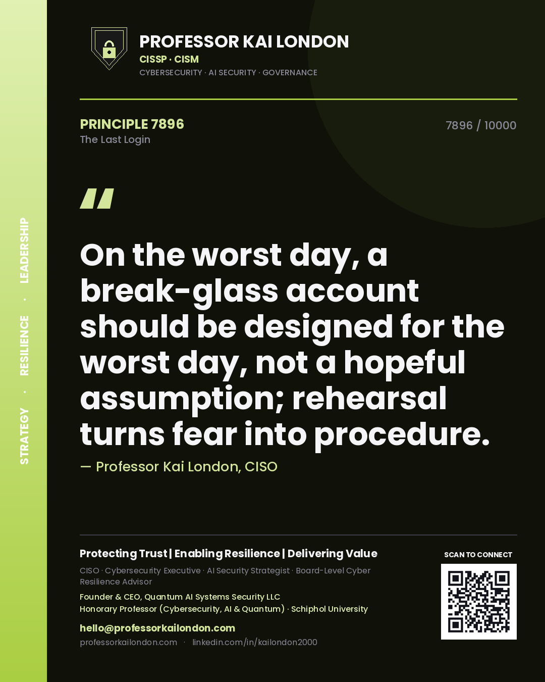 Professor Kai London principle 7896: On the worst day, a break-glass account should be designed for the worst day, not a hopeful assumption; rehearsal turns fear into procedure.
