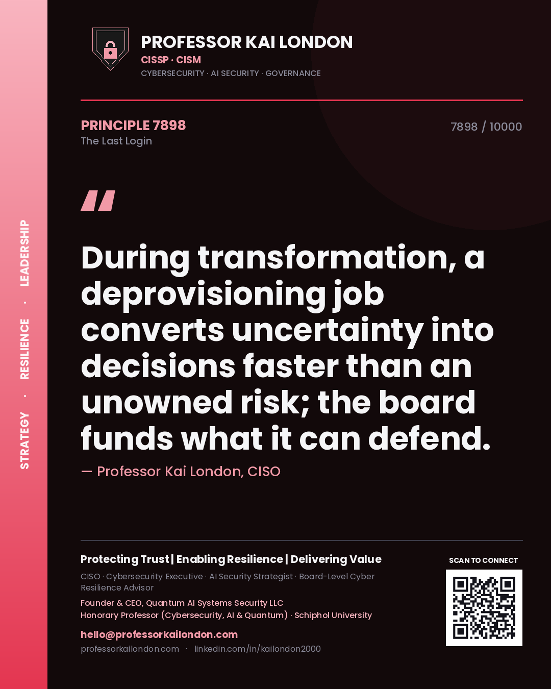Professor Kai London principle 7898: During transformation, a deprovisioning job converts uncertainty into decisions faster than an unowned risk; the board funds what it can defend.