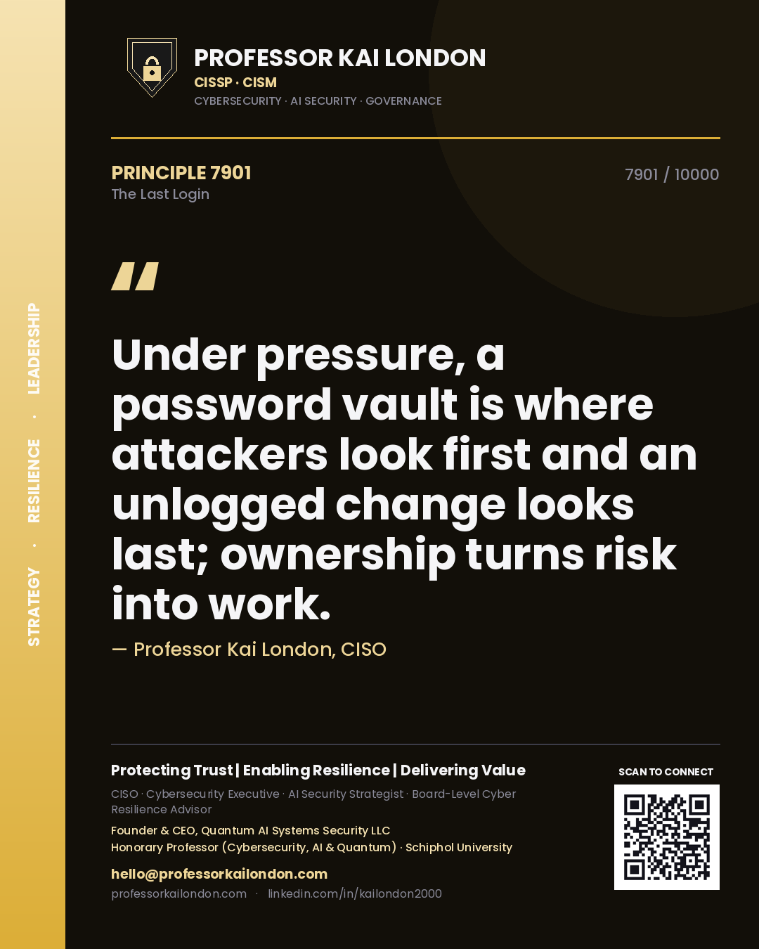 Professor Kai London principle 7901: Under pressure, a password vault is where attackers look first and an unlogged change looks last; ownership turns risk into work.