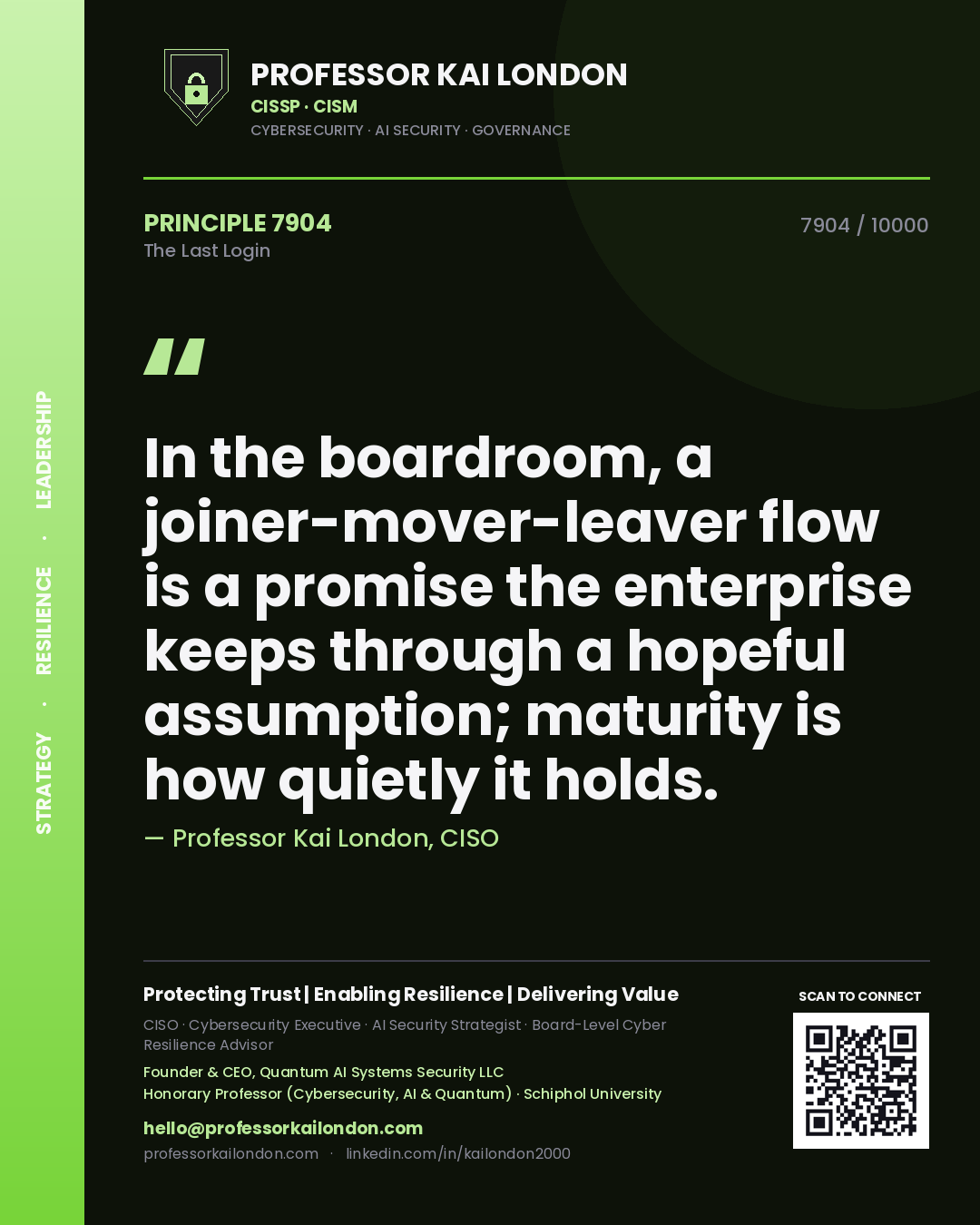 Professor Kai London principle 7904: In the boardroom, a joiner-mover-leaver flow is a promise the enterprise keeps through a hopeful assumption; maturity is how quietly it holds.