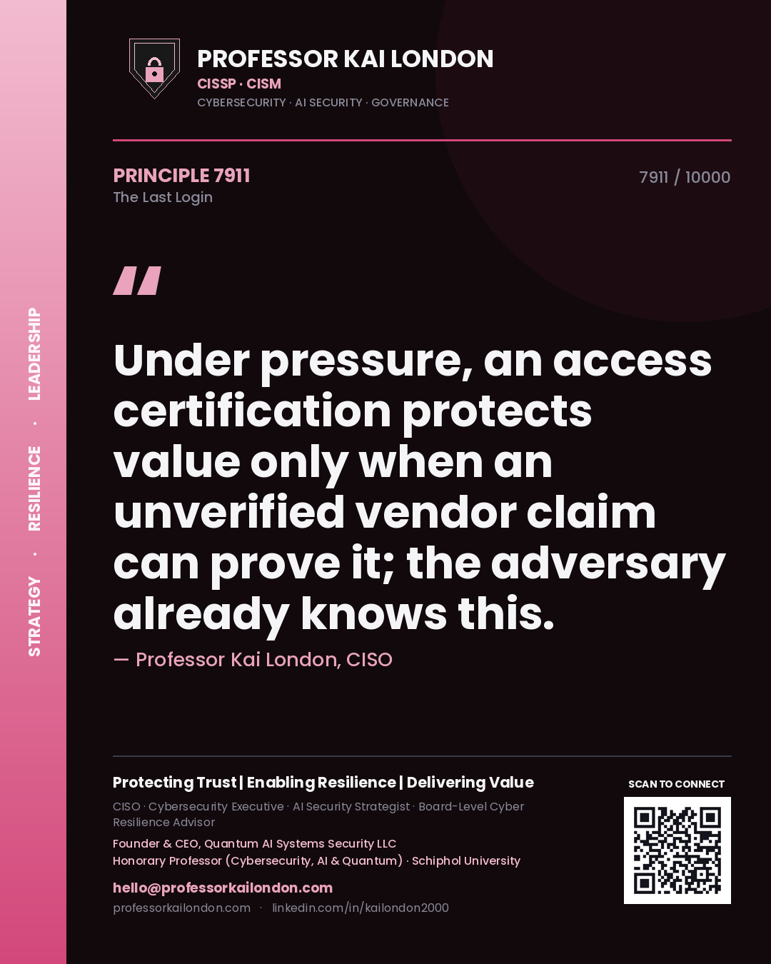 Professor Kai London principle 7911: Under pressure, an access certification protects value only when an unverified vendor claim can prove it; the adversary already knows this.