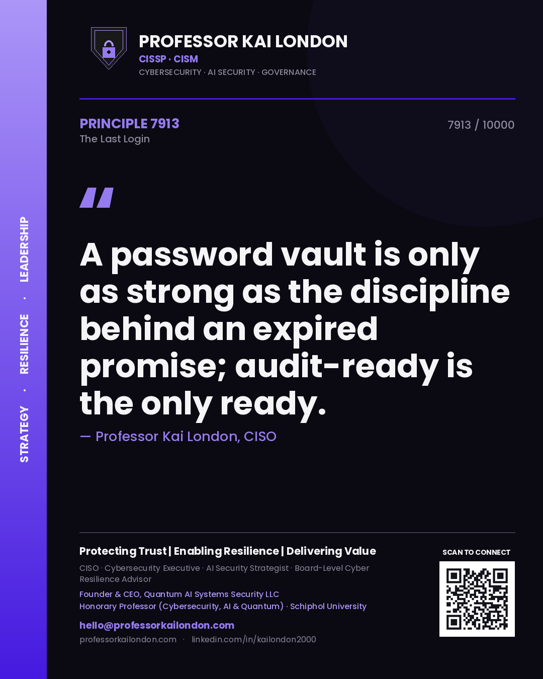 Professor Kai London principle 7913: A password vault is only as strong as the discipline behind an expired promise; audit-ready is the only ready.