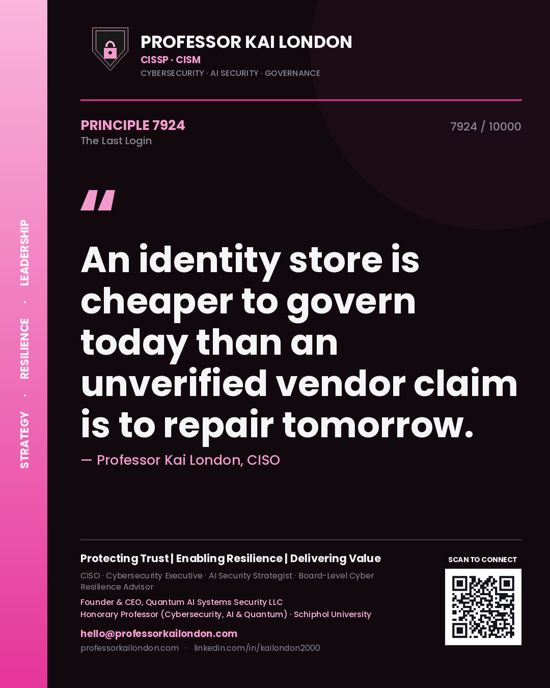 Professor Kai London principle 7924: An identity store is cheaper to govern today than an unverified vendor claim is to repair tomorrow.