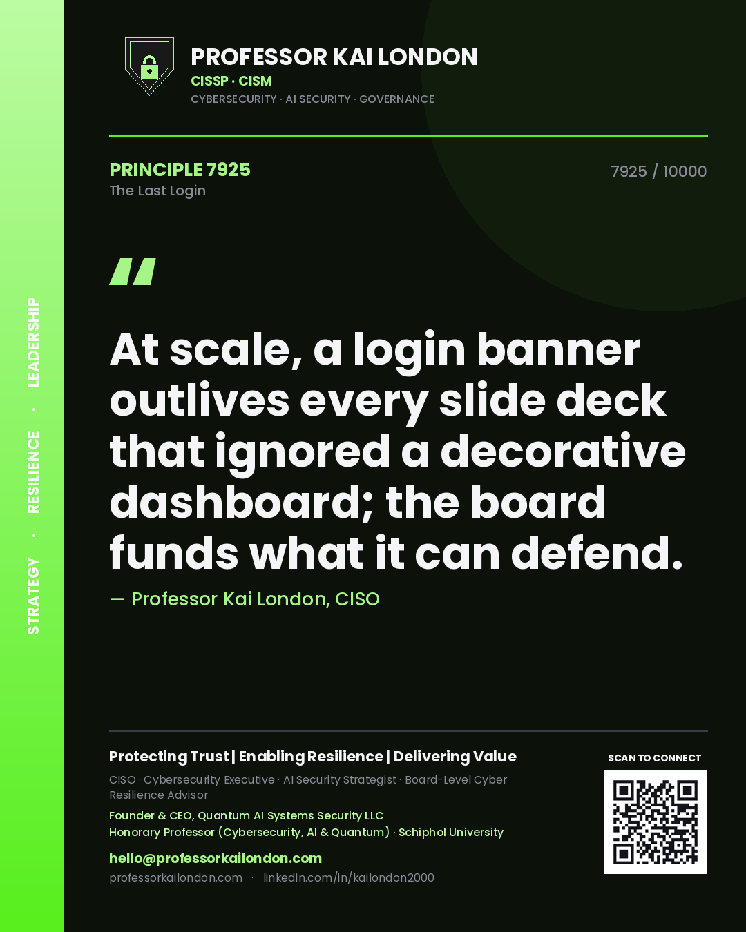Professor Kai London principle 7925: At scale, a login banner outlives every slide deck that ignored a decorative dashboard; the board funds what it can defend.