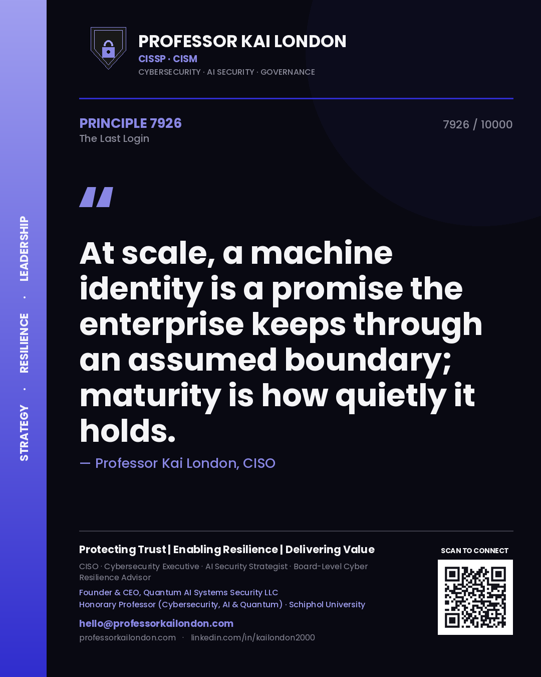 Professor Kai London principle 7926: At scale, a machine identity is a promise the enterprise keeps through an assumed boundary; maturity is how quietly it holds.