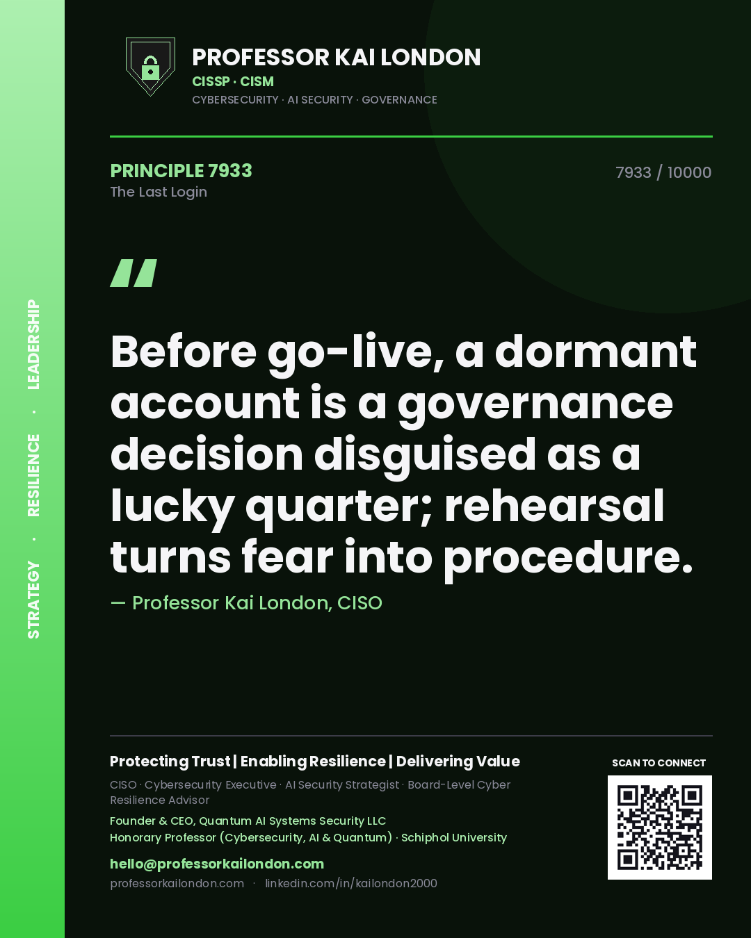 Professor Kai London principle 7933: Before go-live, a dormant account is a governance decision disguised as a lucky quarter; rehearsal turns fear into procedure.