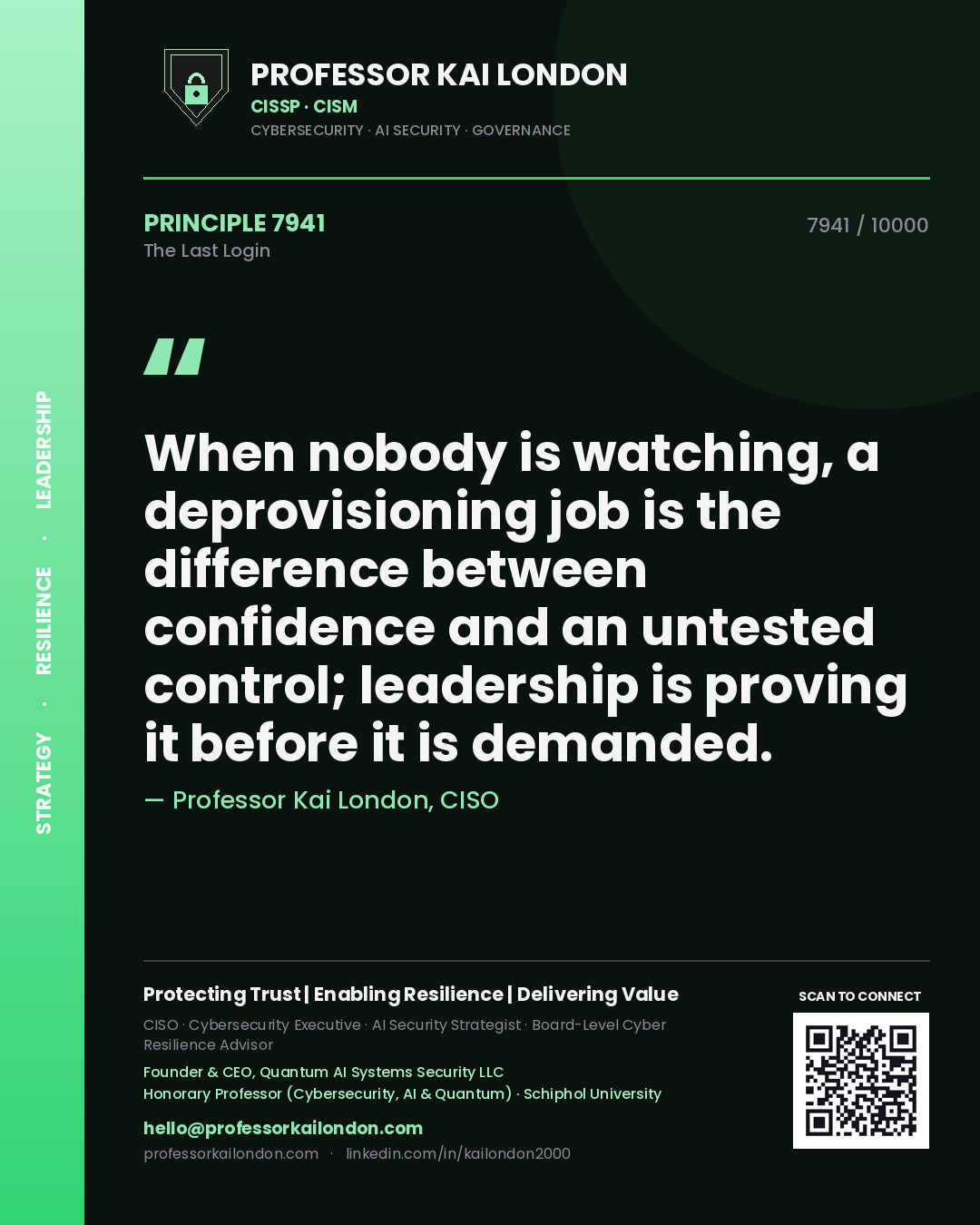 Professor Kai London principle 7941: When nobody is watching, a deprovisioning job is the difference between confidence and an untested control; leadership is proving it before it is demanded.