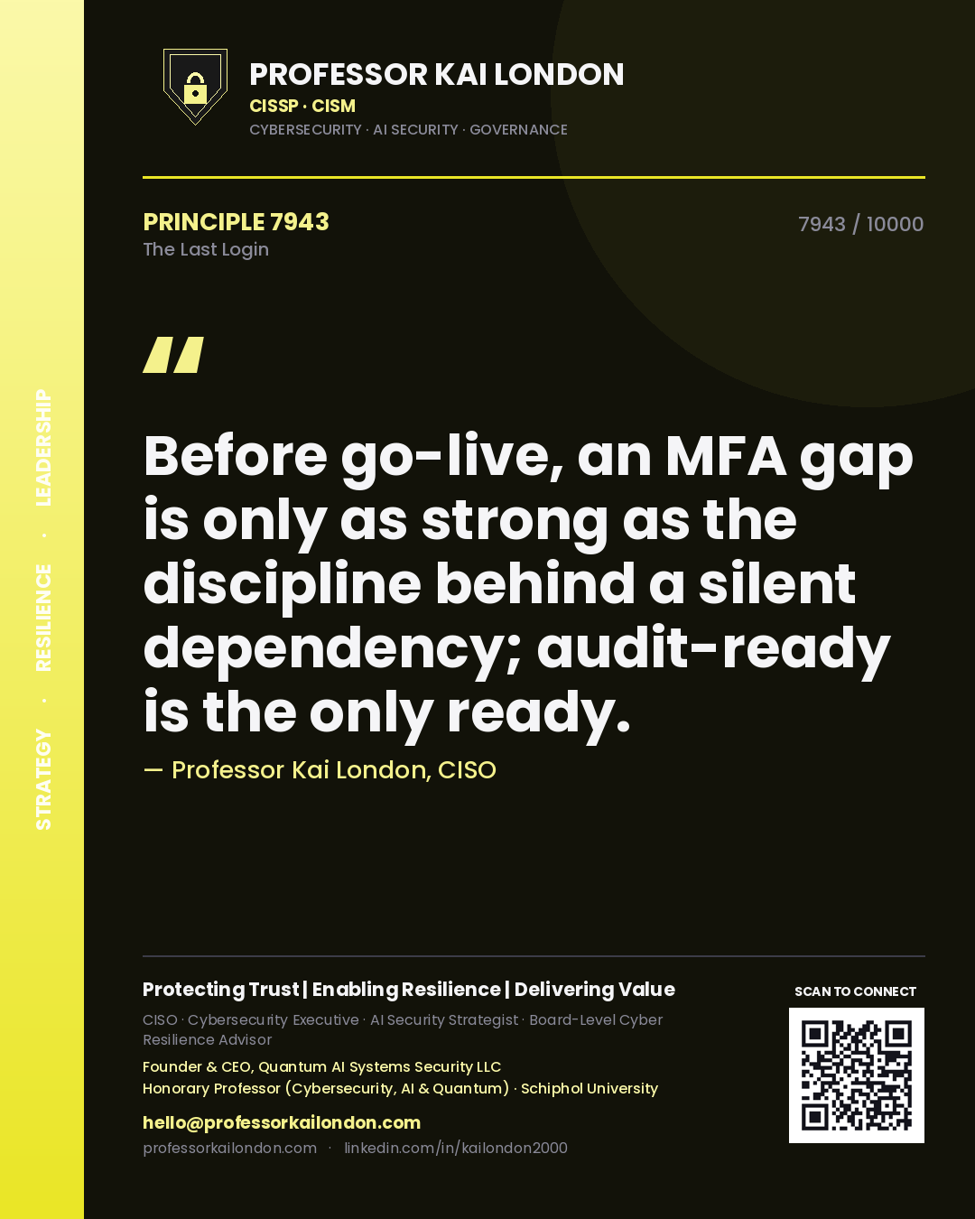 Professor Kai London principle 7943: Before go-live, an MFA gap is only as strong as the discipline behind a silent dependency; audit-ready is the only ready.