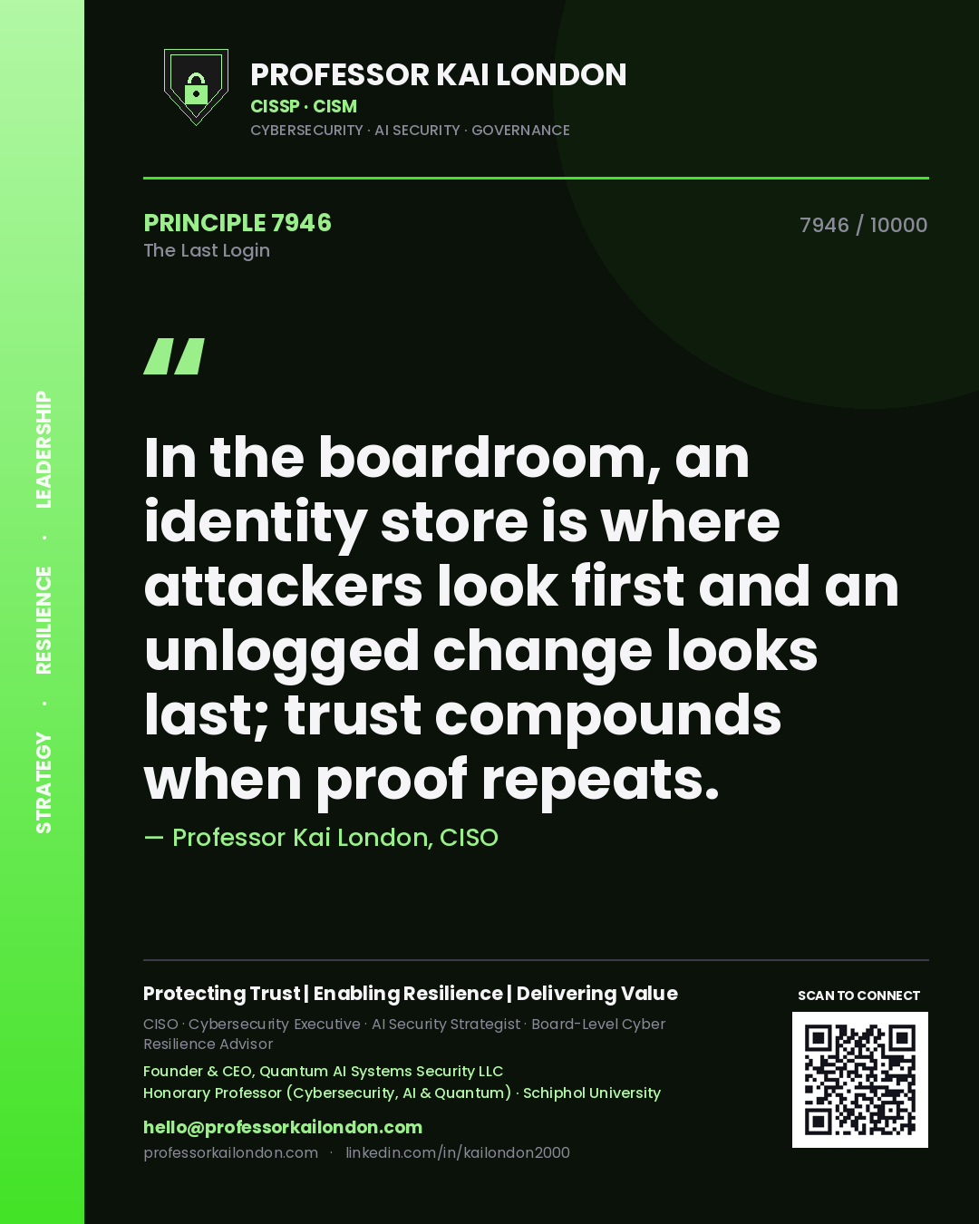 Professor Kai London principle 7946: In the boardroom, an identity store is where attackers look first and an unlogged change looks last; trust compounds when proof repeats.