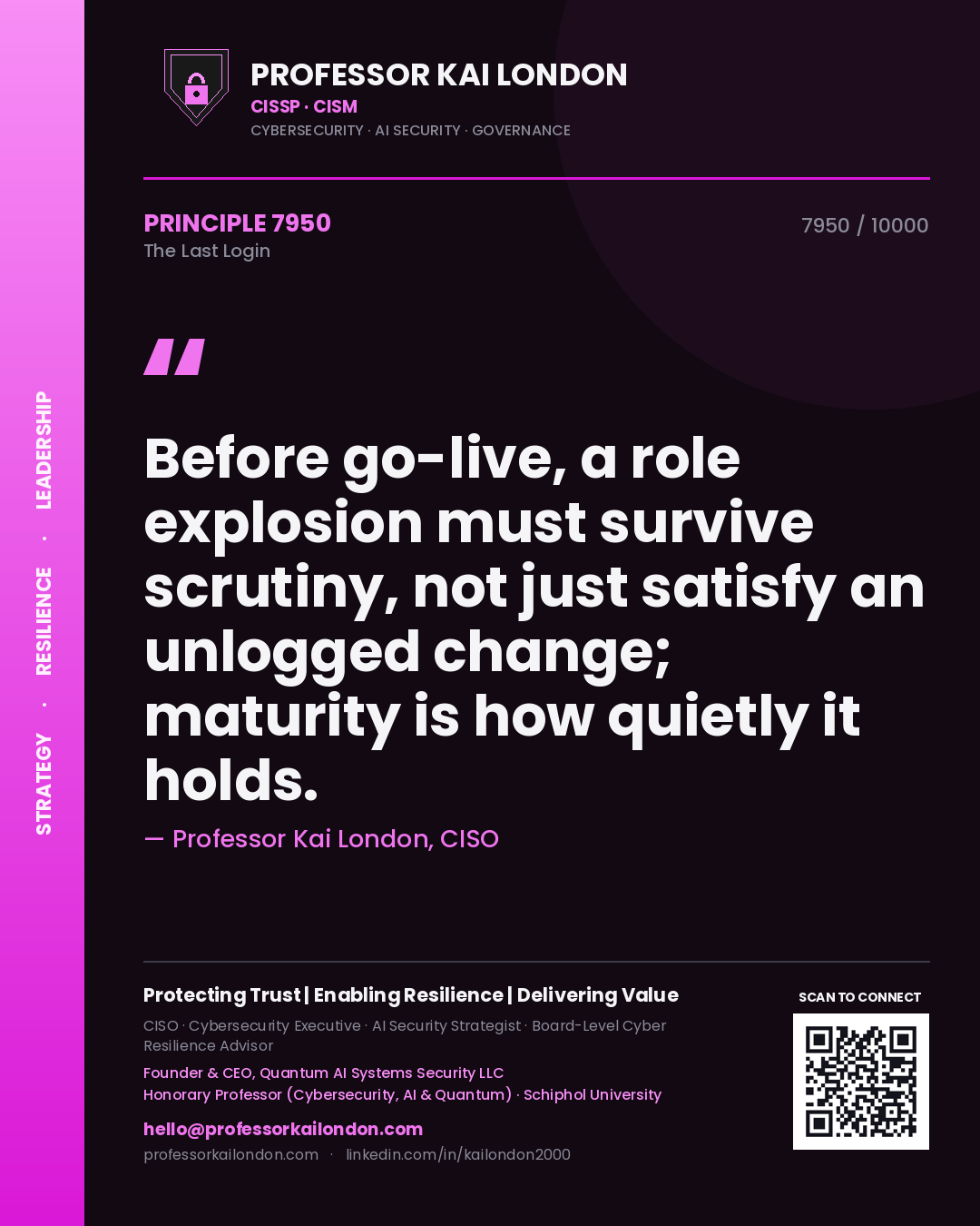 Professor Kai London principle 7950: Before go-live, a role explosion must survive scrutiny, not just satisfy an unlogged change; maturity is how quietly it holds.