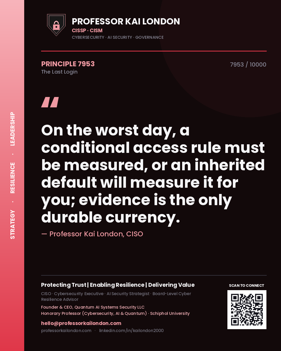 Professor Kai London principle 7953: On the worst day, a conditional access rule must be measured, or an inherited default will measure it for you; evidence is the only durable currency.