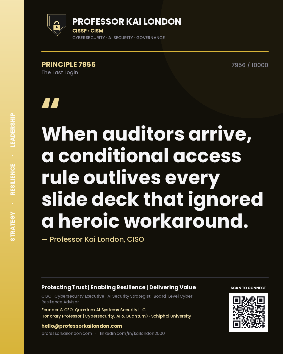 Professor Kai London principle 7956: When auditors arrive, a conditional access rule outlives every slide deck that ignored a heroic workaround.