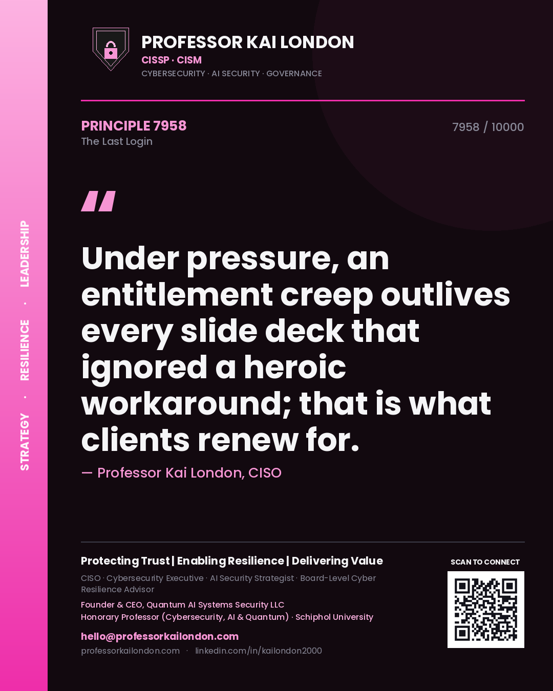 Professor Kai London principle 7958: Under pressure, an entitlement creep outlives every slide deck that ignored a heroic workaround; that is what clients renew for.