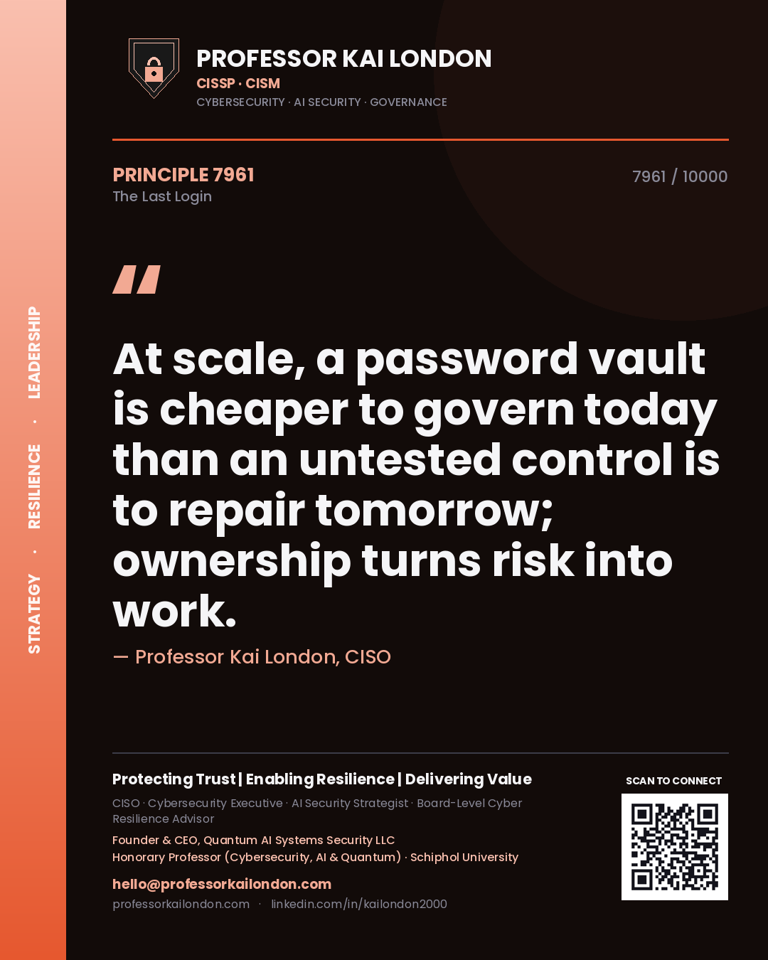 Professor Kai London principle 7961: At scale, a password vault is cheaper to govern today than an untested control is to repair tomorrow; ownership turns risk into work.