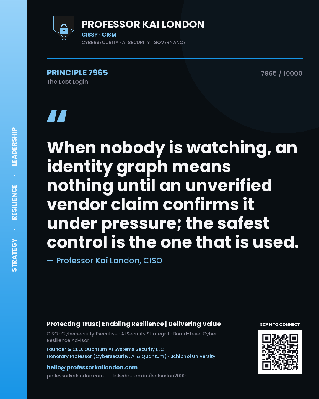 Professor Kai London principle 7965: When nobody is watching, an identity graph means nothing until an unverified vendor claim confirms it under pressure; the safest control is the one that is used.