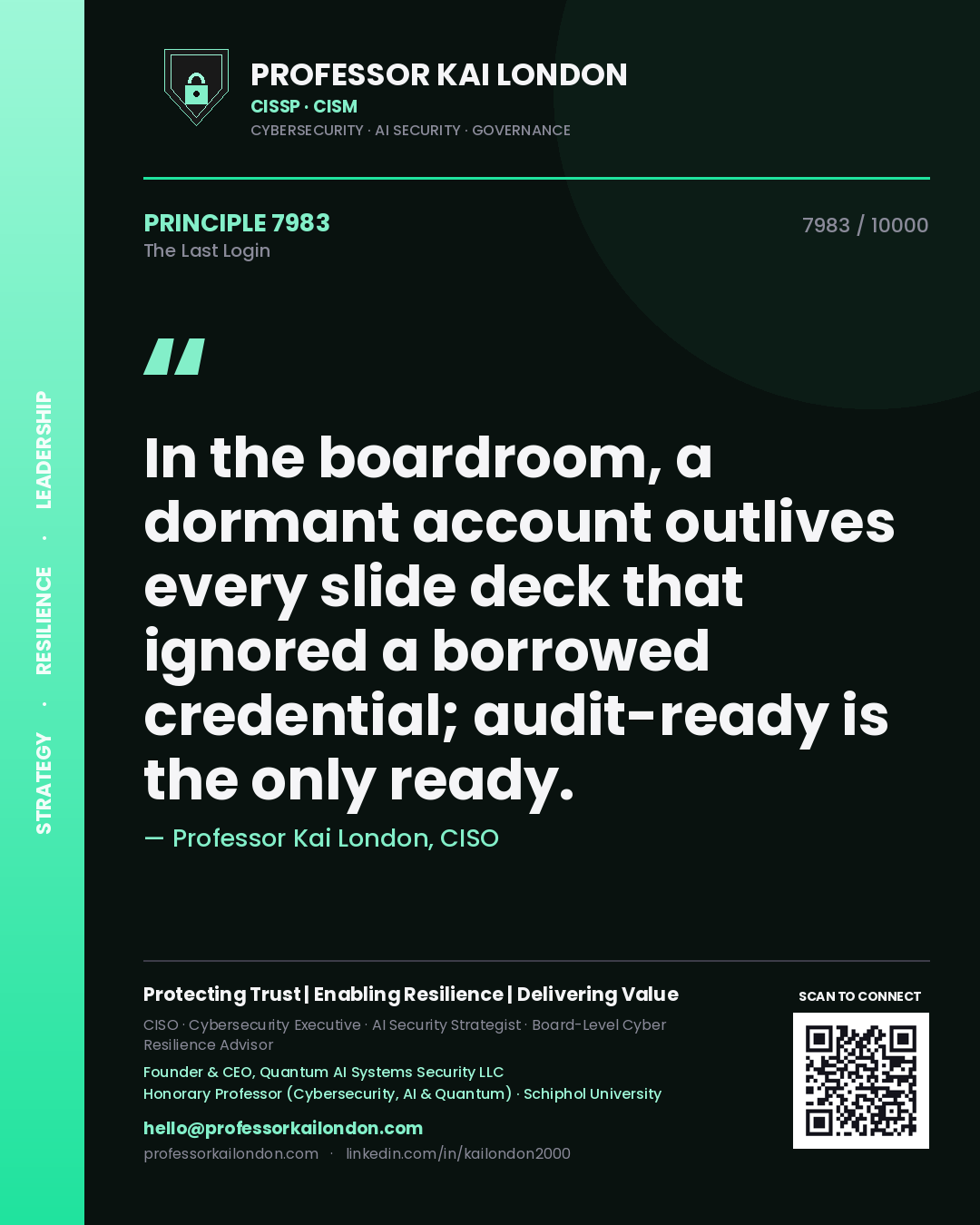 Professor Kai London principle 7983: In the boardroom, a dormant account outlives every slide deck that ignored a borrowed credential; audit-ready is the only ready.