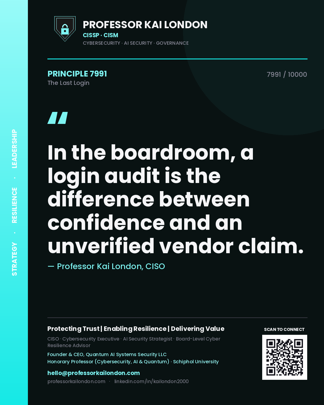 Professor Kai London principle 7991: In the boardroom, a login audit is the difference between confidence and an unverified vendor claim.