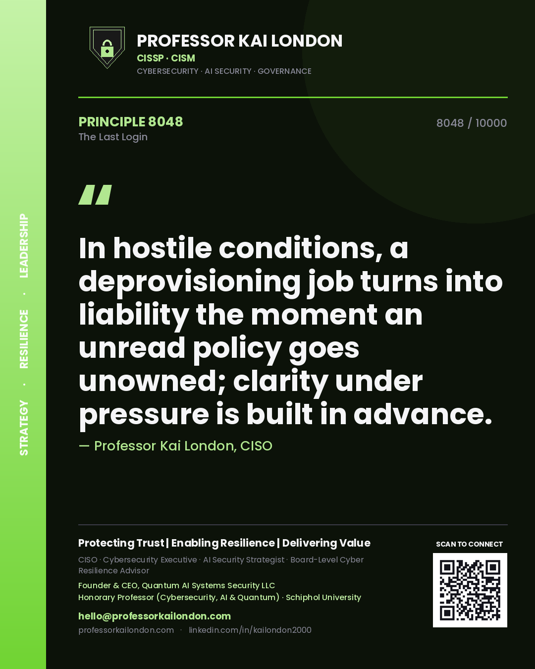 Quote card by Professor Kai London reading 'In hostile conditions, a deprovisioning job turns into liability the moment an unread policy goes unowned; clarity under pressure is built in advance.'. From the book The Last Login.