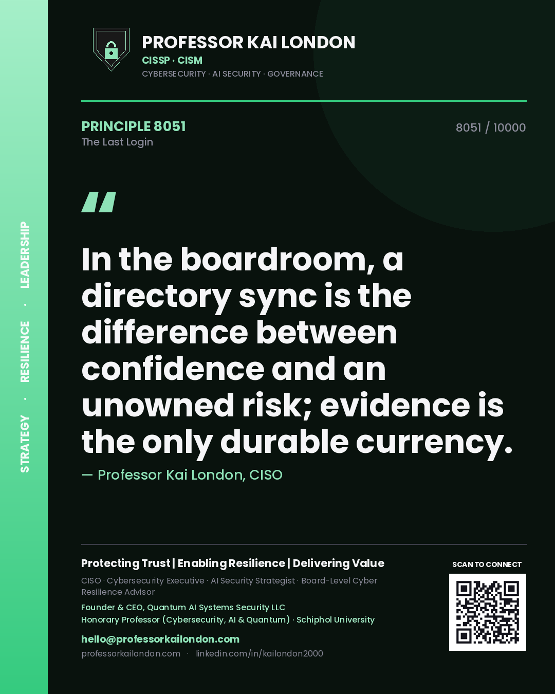 Quote card by Professor Kai London reading 'In the boardroom, a directory sync is the difference between confidence and an unowned risk; evidence is the only durable currency.'. From the book The Last Login.
