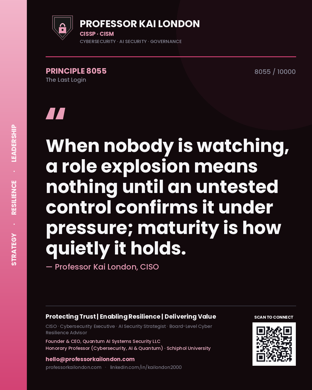Quote card by Professor Kai London reading 'When nobody is watching, a role explosion means nothing until an untested control confirms it under pressure; maturity is how quietly it holds.'. From the book The Last Login.