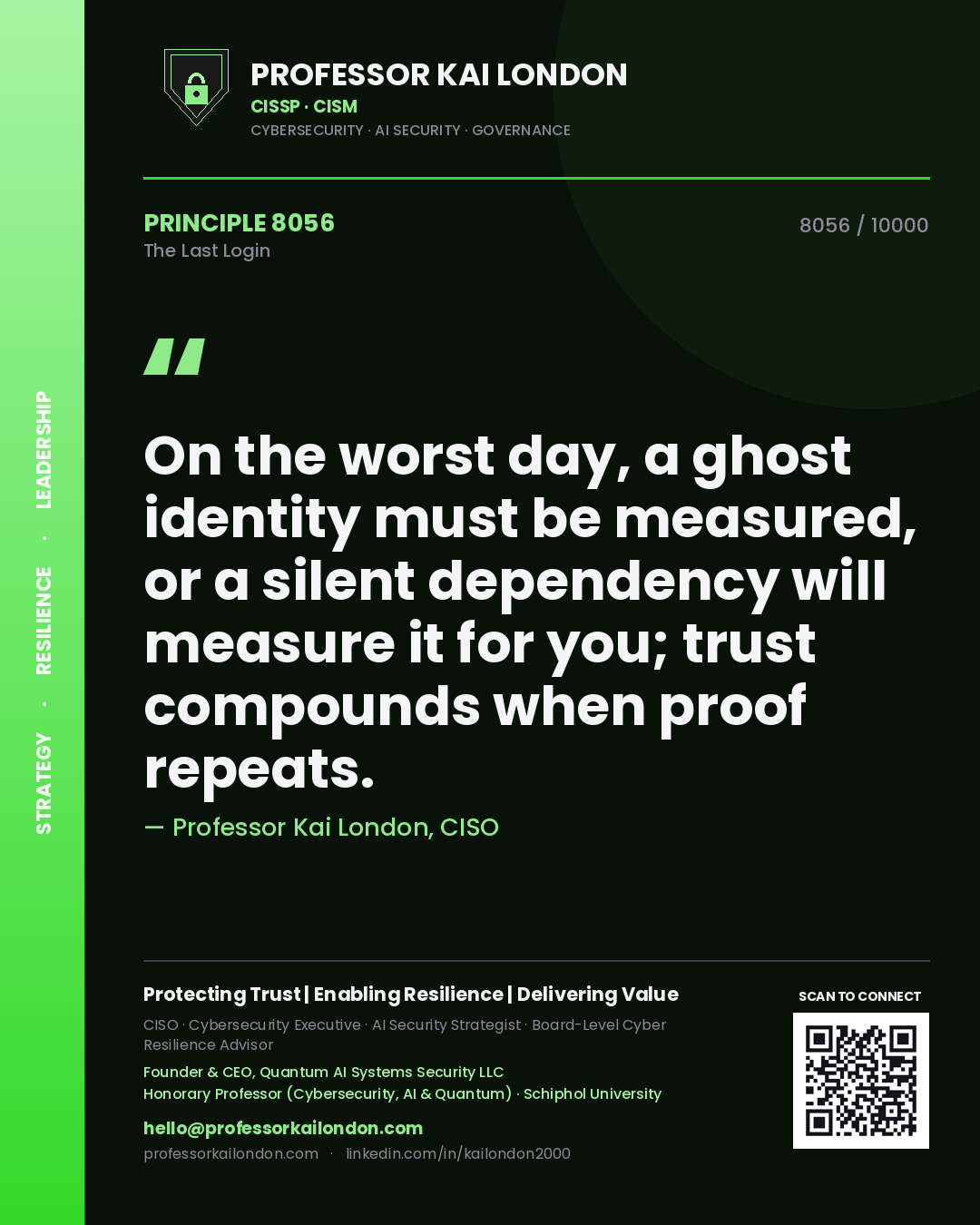 Quote card by Professor Kai London reading 'On the worst day, a ghost identity must be measured, or a silent dependency will measure it for you; trust compounds when proof repeats.'. From the book The Last Login.
