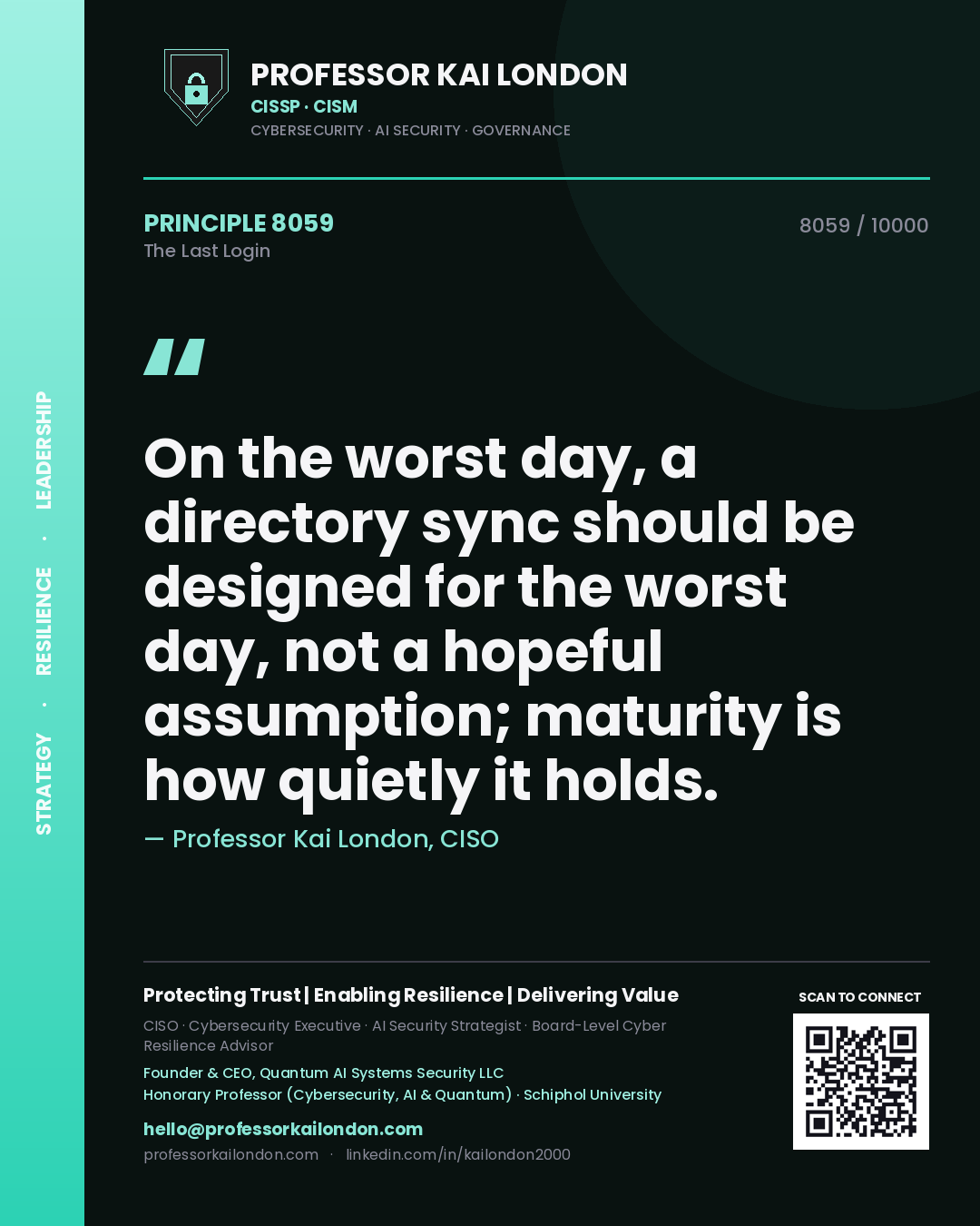Quote card by Professor Kai London reading 'On the worst day, a directory sync should be designed for the worst day, not a hopeful assumption; maturity is how quietly it holds.'. From the book The Last Login.