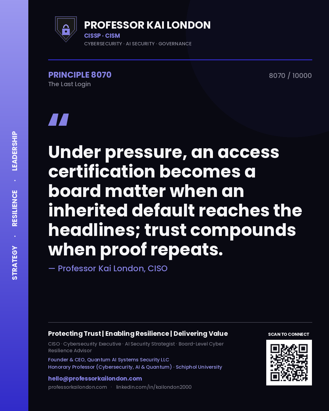 Quote card by Professor Kai London reading 'Under pressure, an access certification becomes a board matter when an inherited default reaches the headlines; trust compounds when proof repeats.'. From the book The Last Login.