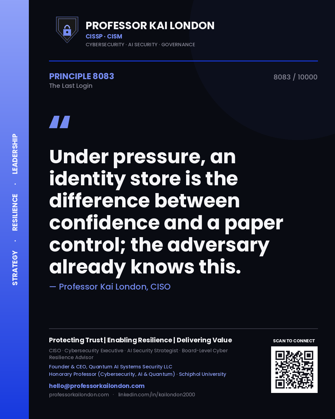 Professor Kai London principle 8083: Under pressure, an identity store is the difference between confidence and a paper control; the adversary already knows this.