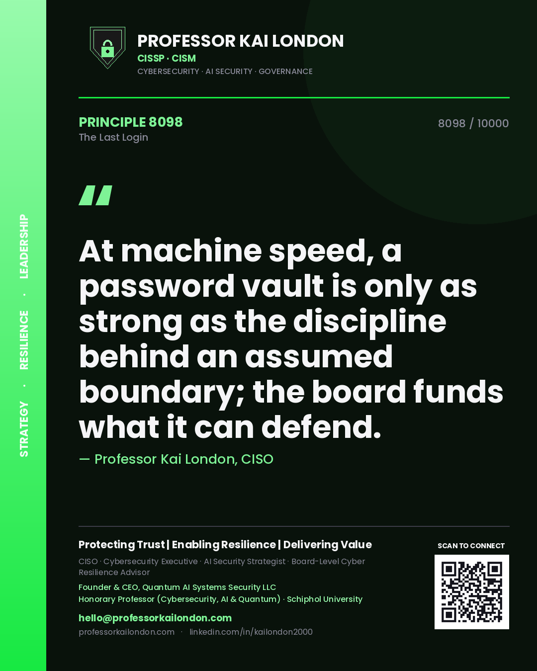 Quote card by Professor Kai London reading 'At machine speed, a password vault is only as strong as the discipline behind an assumed boundary; the board funds what it can defend.'. From the book The Last Login.