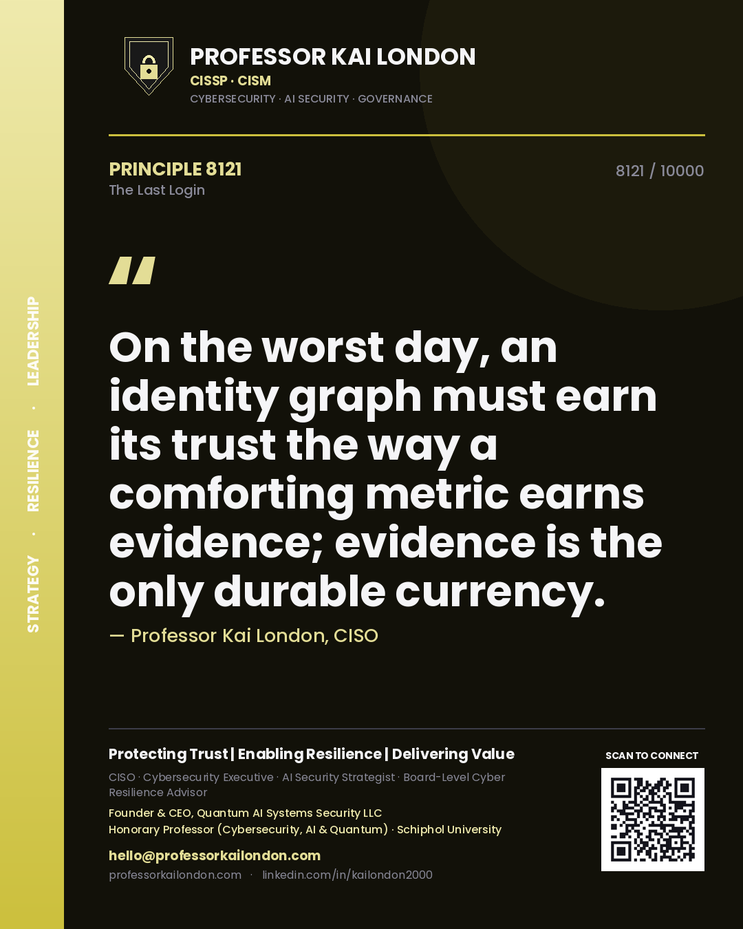 Professor Kai London principle 8121: On the worst day, an identity graph must earn its trust the way a comforting metric earns evidence; evidence is the only durable currency.