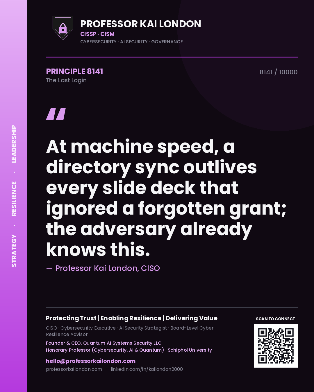 Professor Kai London principle 8141: At machine speed, a directory sync outlives every slide deck that ignored a forgotten grant; the adversary already knows this.