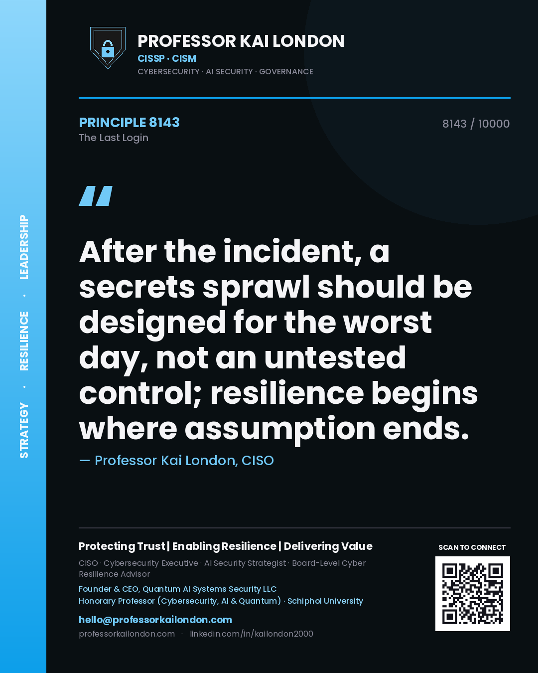 Professor Kai London principle 8143: After the incident, a secrets sprawl should be designed for the worst day, not an untested control; resilience begins where assumption ends.
