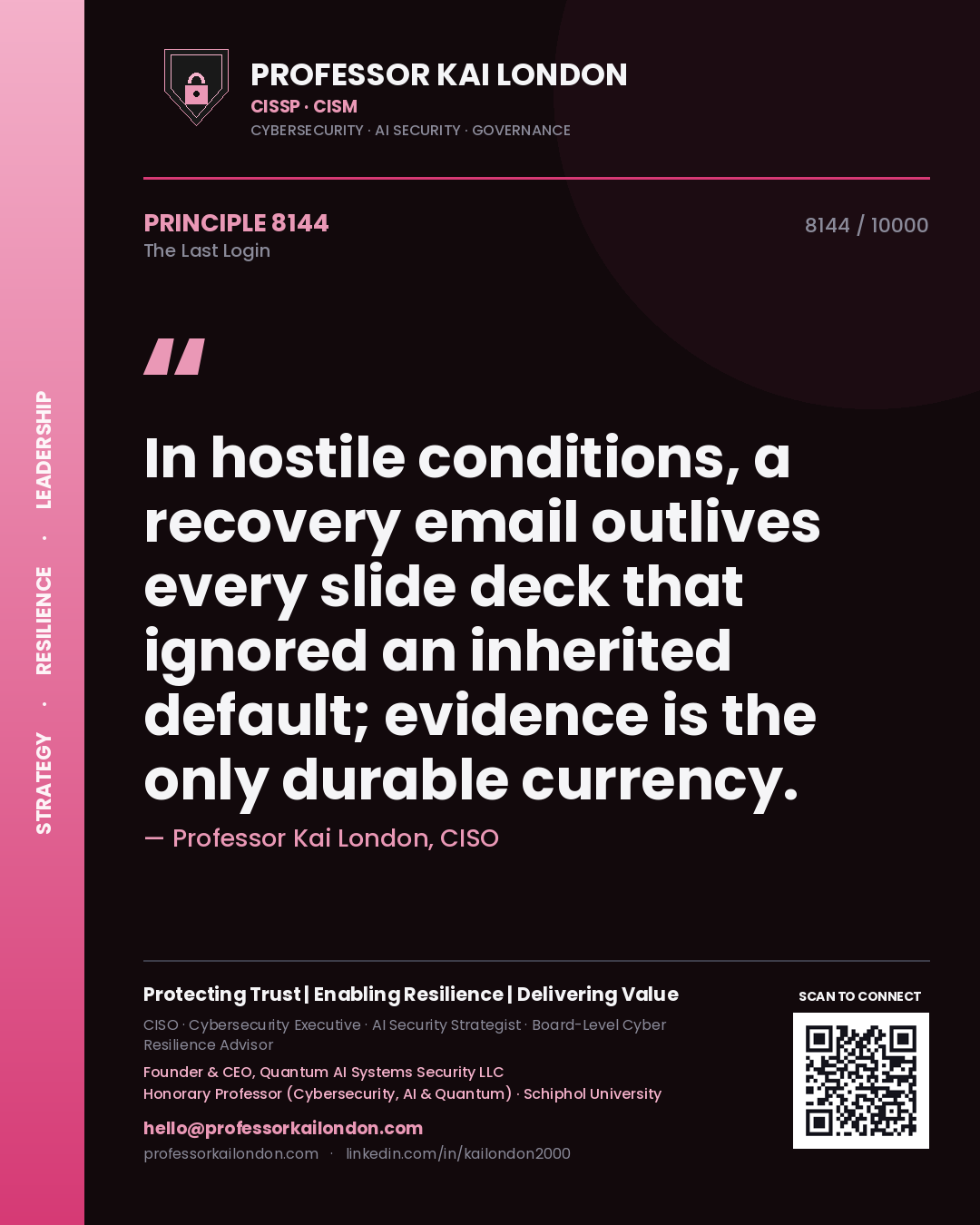 Professor Kai London principle 8144: In hostile conditions, a recovery email outlives every slide deck that ignored an inherited default; evidence is the only durable currency.