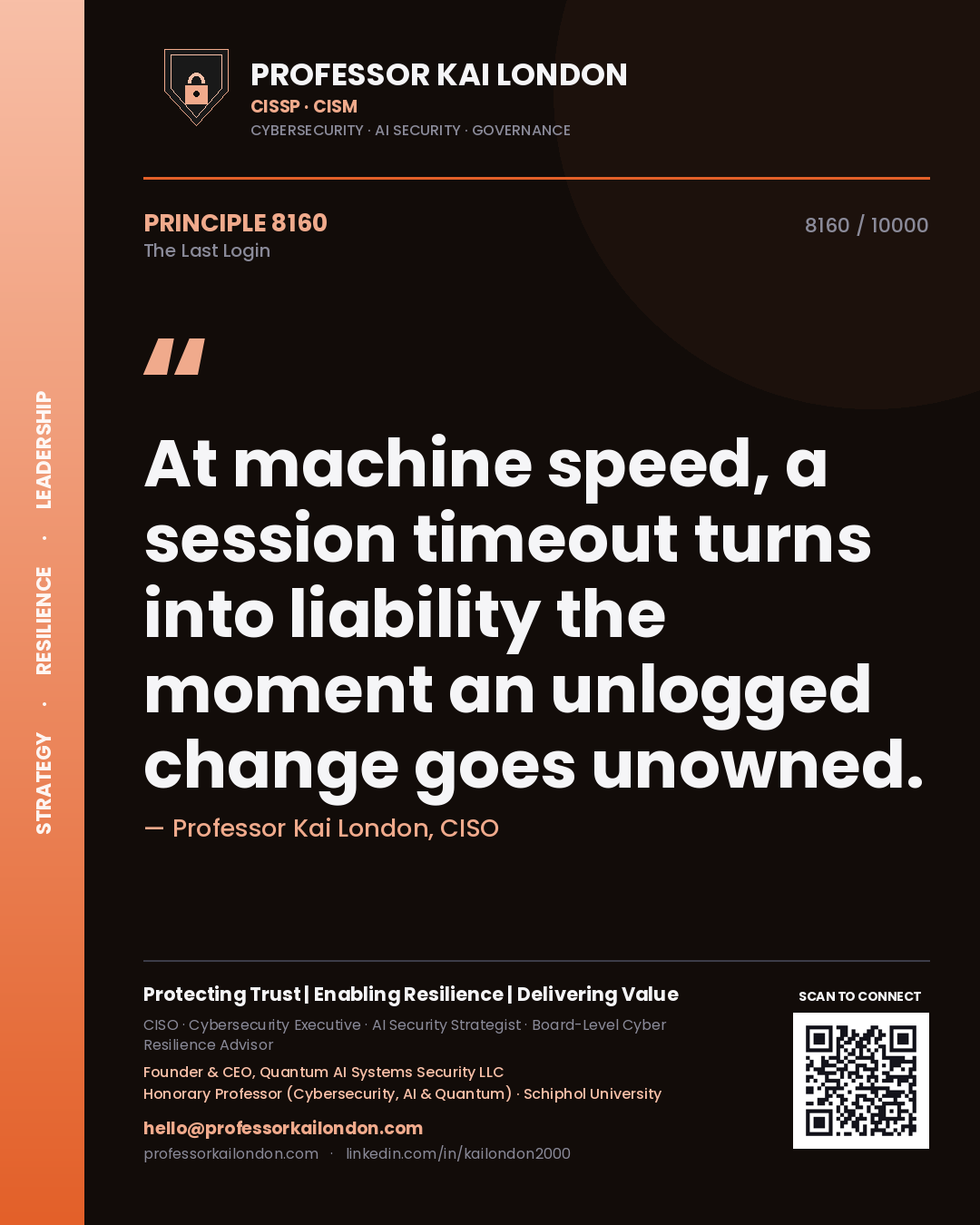 Professor Kai London principle 8160: At machine speed, a session timeout turns into liability the moment an unlogged change goes unowned.