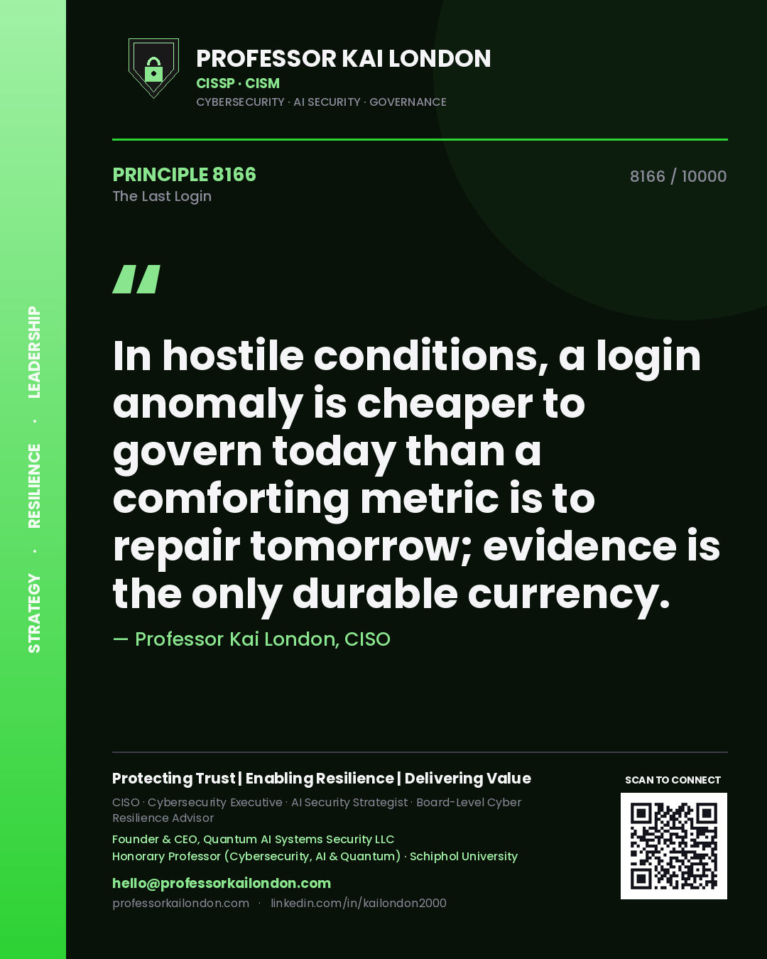 Professor Kai London principle 8166: In hostile conditions, a login anomaly is cheaper to govern today than a comforting metric is to repair tomorrow; evidence is the only durable currency.