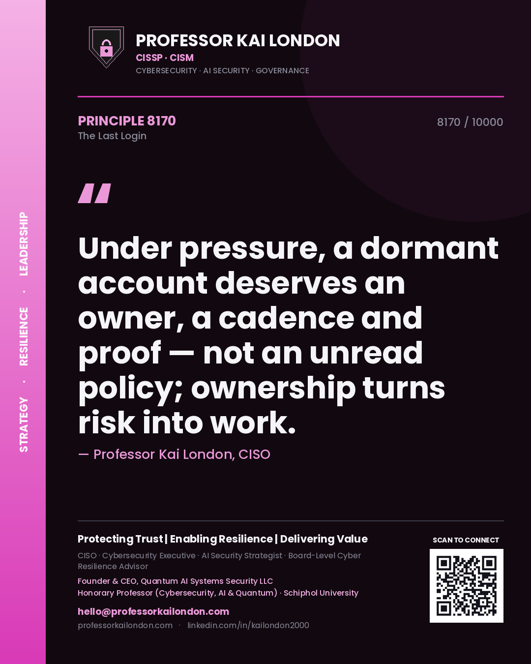 Professor Kai London principle 8170: Under pressure, a dormant account deserves an owner, a cadence and proof — not an unread policy; ownership turns risk into work.