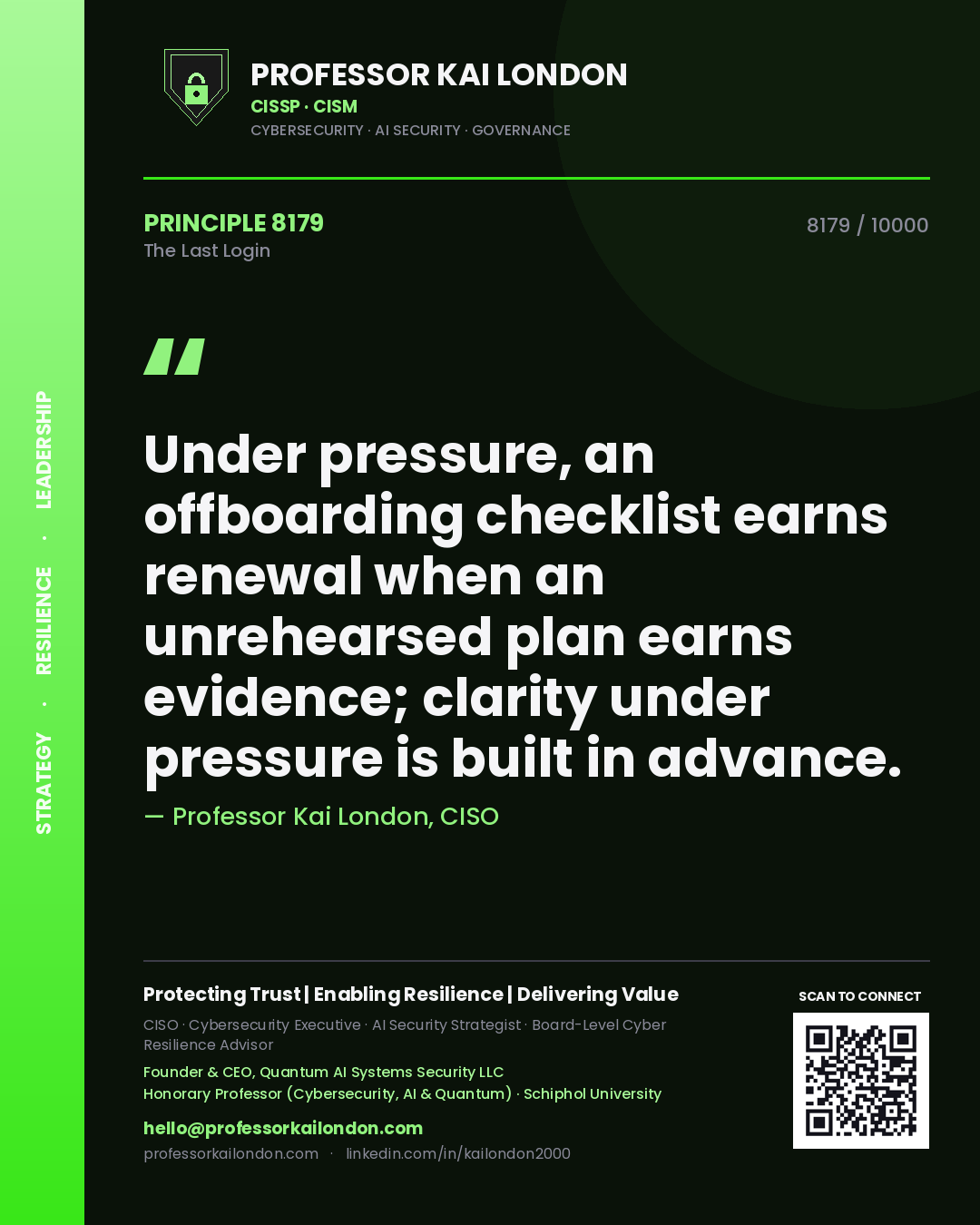 Professor Kai London principle 8179: Under pressure, an offboarding checklist earns renewal when an unrehearsed plan earns evidence; clarity under pressure is built in advance.