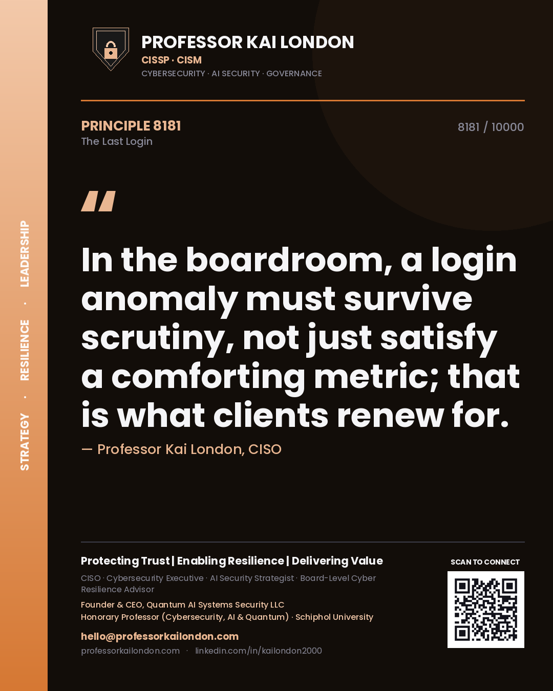 Professor Kai London principle 8181: In the boardroom, a login anomaly must survive scrutiny, not just satisfy a comforting metric; that is what clients renew for.