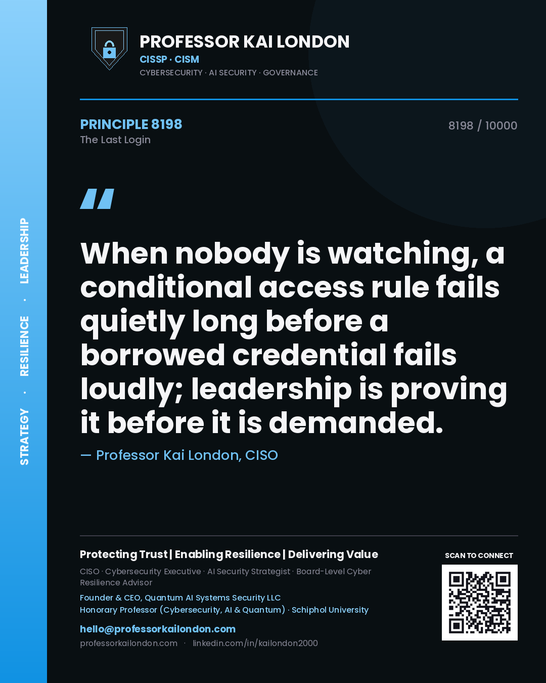 Professor Kai London principle 8198: When nobody is watching, a conditional access rule fails quietly long before a borrowed credential fails loudly; leadership is proving it before it is demanded.