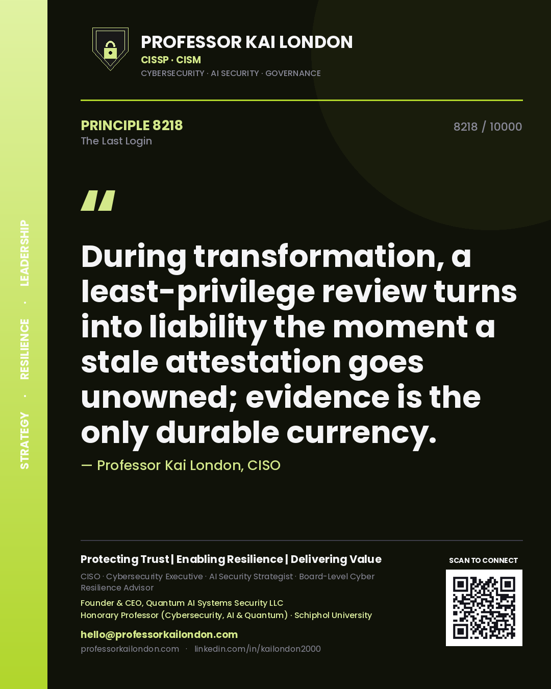 Professor Kai London principle 8218: During transformation, a least-privilege review turns into liability the moment a stale attestation goes unowned; evidence is the only durable currency.