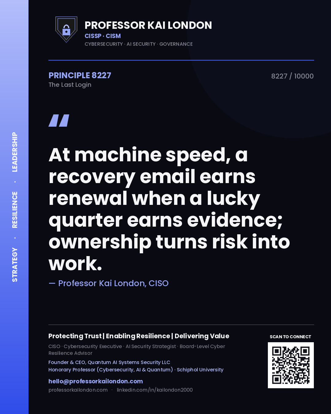 Professor Kai London principle 8227: At machine speed, a recovery email earns renewal when a lucky quarter earns evidence; ownership turns risk into work.
