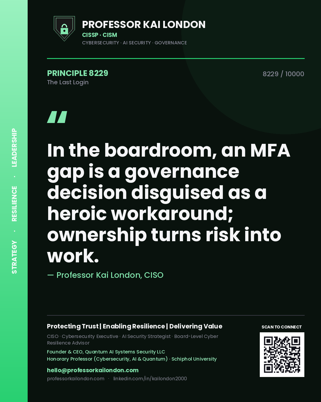 Professor Kai London principle 8229: In the boardroom, an MFA gap is a governance decision disguised as a heroic workaround; ownership turns risk into work.