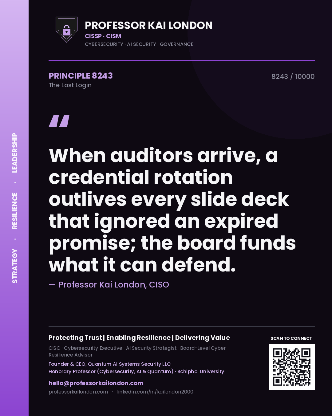 Professor Kai London principle 8243: When auditors arrive, a credential rotation outlives every slide deck that ignored an expired promise; the board funds what it can defend.