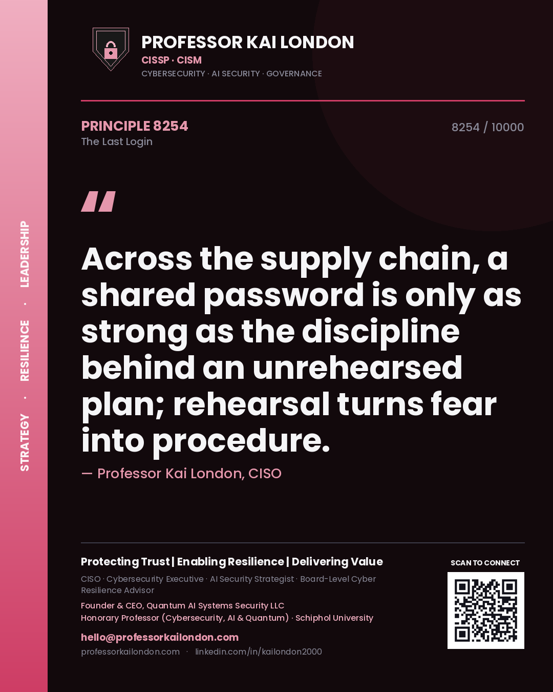 Professor Kai London principle 8254: Across the supply chain, a shared password is only as strong as the discipline behind an unrehearsed plan; rehearsal turns fear into procedure.