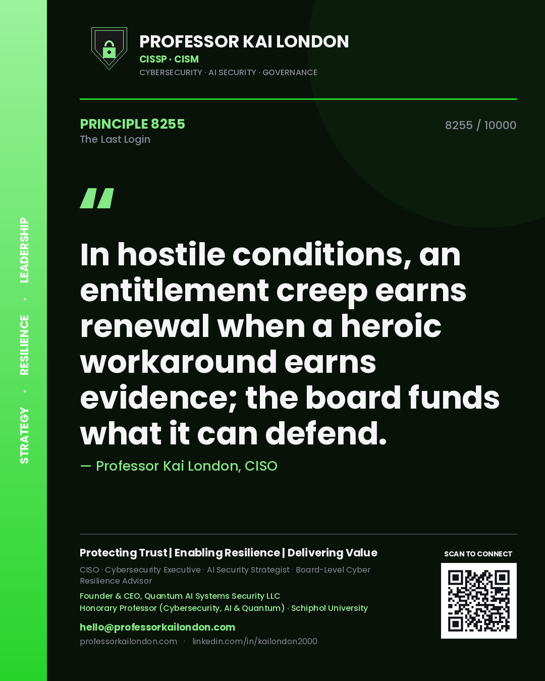 Professor Kai London principle 8255: In hostile conditions, an entitlement creep earns renewal when a heroic workaround earns evidence; the board funds what it can defend.
